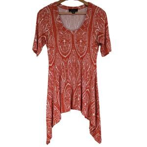 Karen Kane Orange Floral Short Sleeve Hi Low Shark Bite Tunic Medium